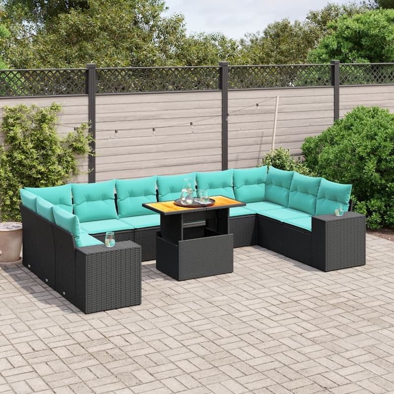 vidaXL Patio Sofa Set with Cushions Outdoor Furniture 11 Piece Poly Rattan - 24.4 x 24.4 x 27.2 - Black-2x corner+table+6x middle