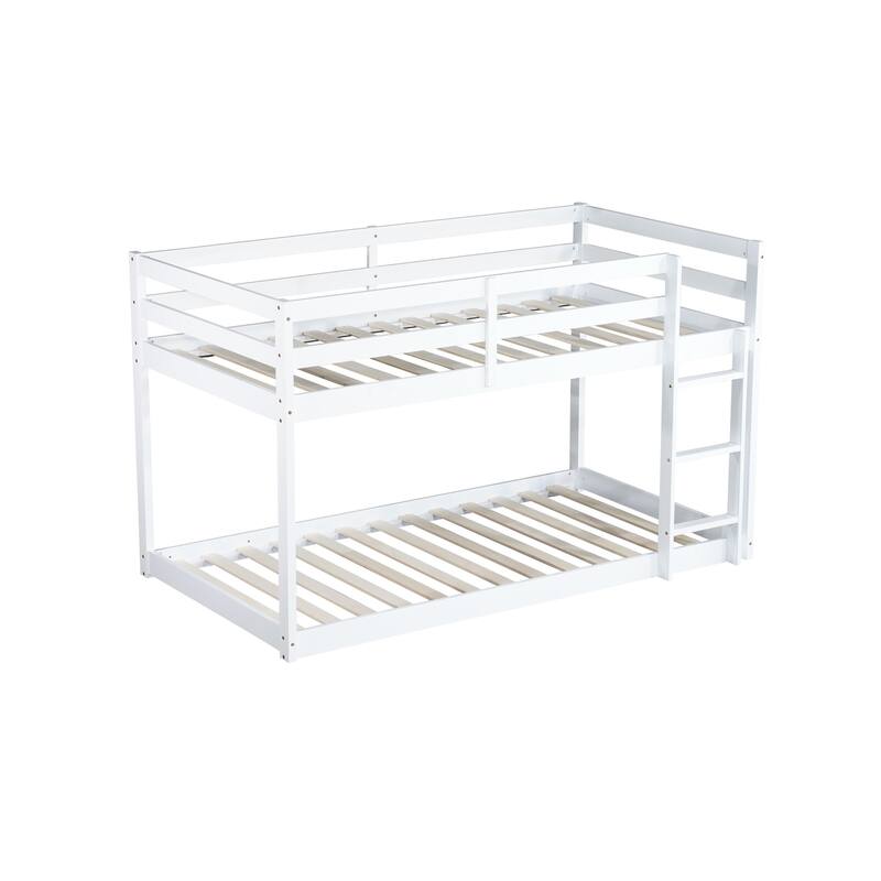 Wooden Twin over Twin Floor Bunk Bed with Ladder ,Upper and Bottom Bed Platforms