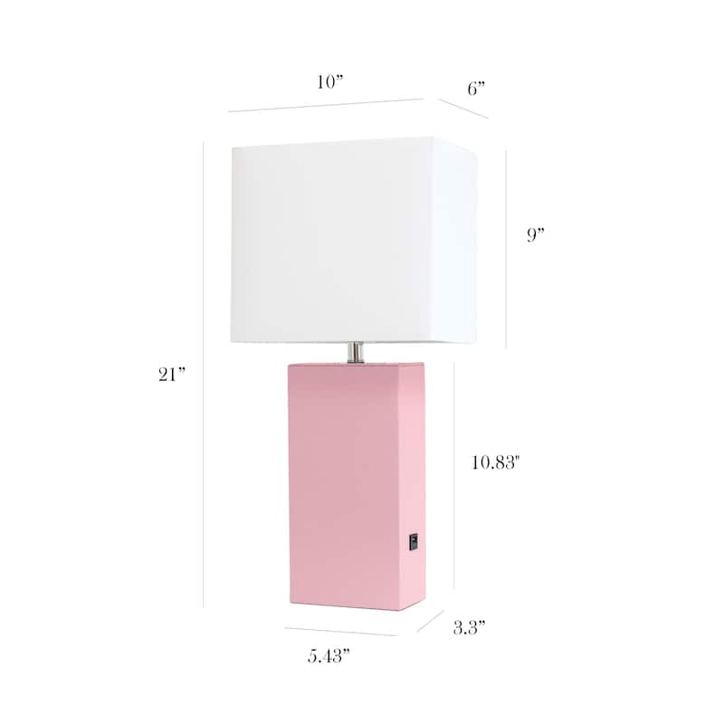 Modern Leather Table Lamp with USB and White Fabric Shade