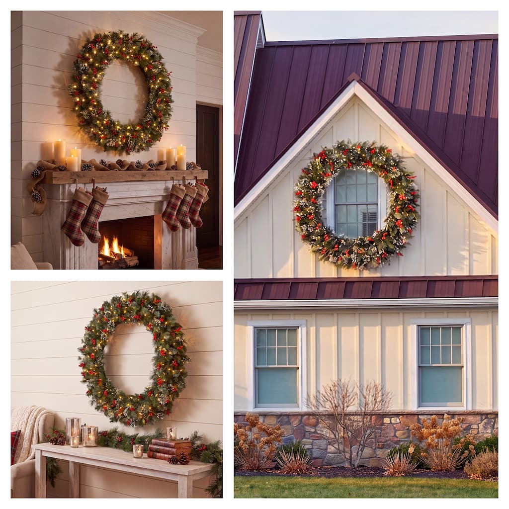 National Tree Company 48 in. Wintry Pine® Wreath with 22 Cones, 44 Red Berries, Snowflakes & 200 Clear Lights-UL-408 Tips