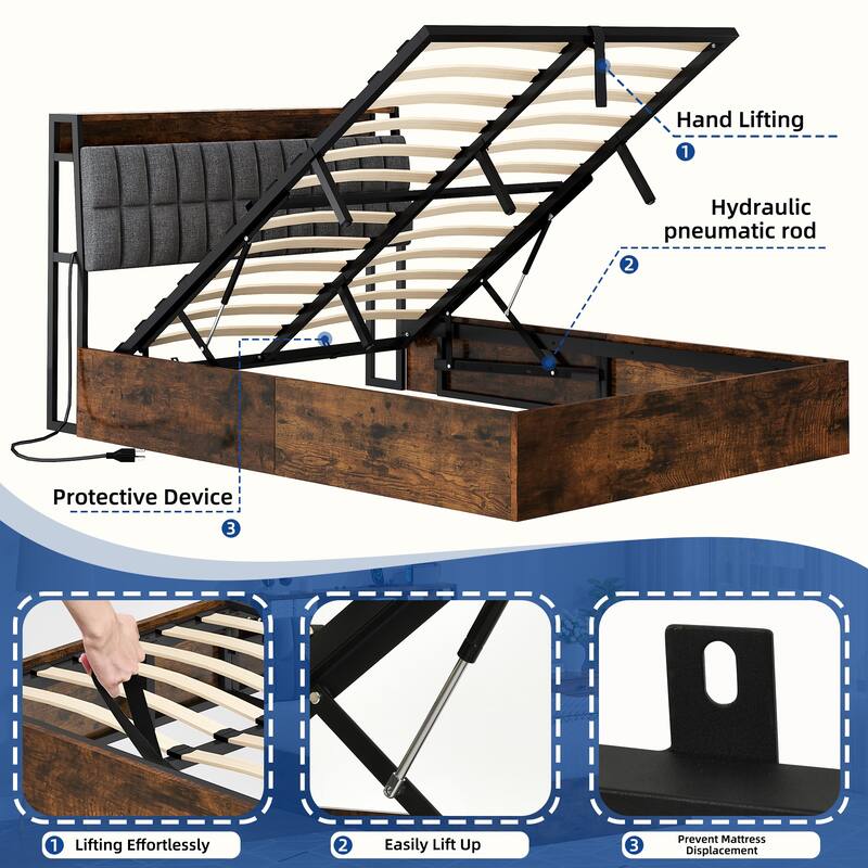 Moasis Lift-Up Storage Bed Frame with Charging Station & Storage Headboard