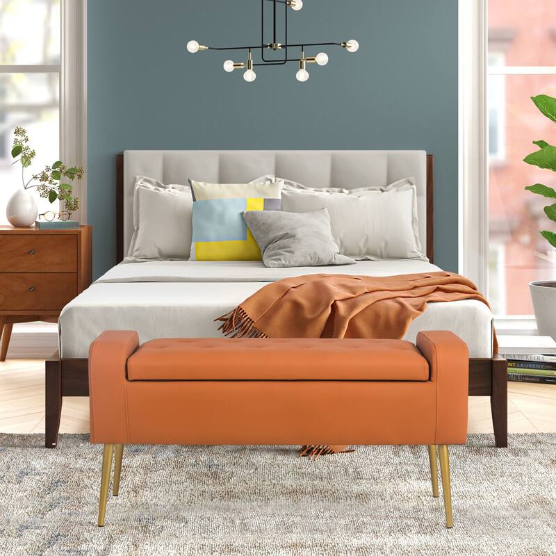 Adeco Upholstered Storage Ottoman Entryway Bench with Metal Legs