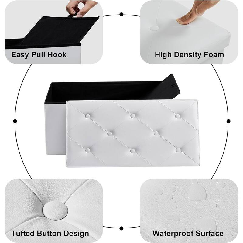 2 PC Storage Folding Ottoman, Storage Footrest Stool, Faux Leather Storage Bench Cube with Padded Seat for Small Space