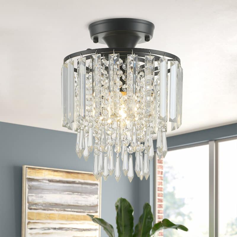 Modern Rain Drop Crystal 1-Light Semi Flush Mount Ceiling Light for Bedroom