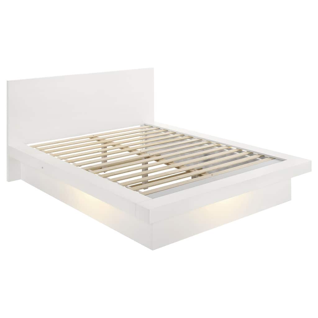 Queen Platform Bed with Rail Seating and Built-In Lights in White Wood Veneer for Modern Bedrooms