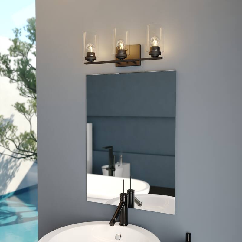 Park Ridge Bathroom Vanity Lighting Wall Fixture, Clear Glass Shade, Dimmable, LED Compatible, Over Mirror Mount Steel