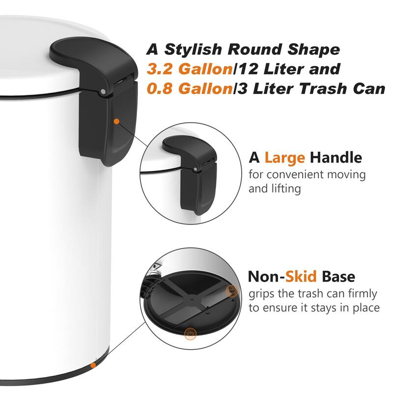 Innovaze 3.2 Gal./12-Liter and 0.8 Gal./3 Liter Stylish Round White Metal Step-on Trash Can Set