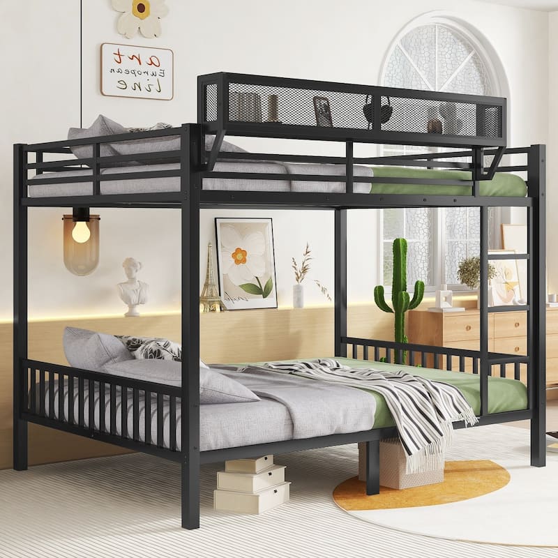 Queen Over Queen Metal Bunk Bed with Ladder and Storage Shelf for Adults Teens,Black