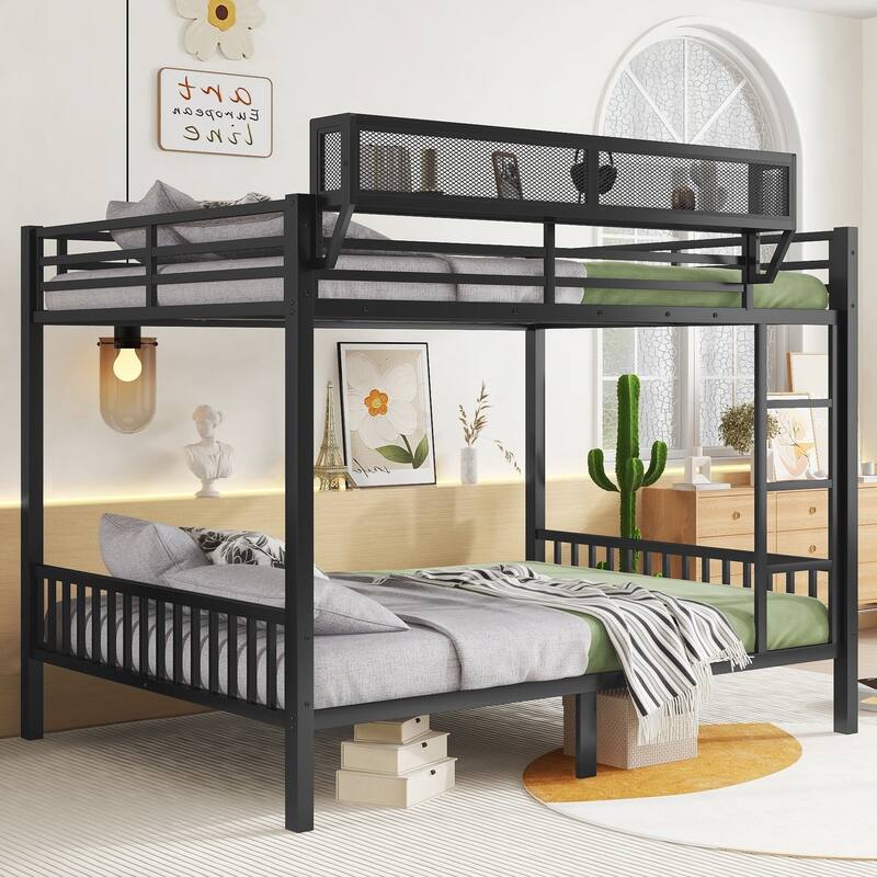 Queen Over Queen Metal Bunk Bed with Ladder and Storage Shelf for Adults and Teens, Black