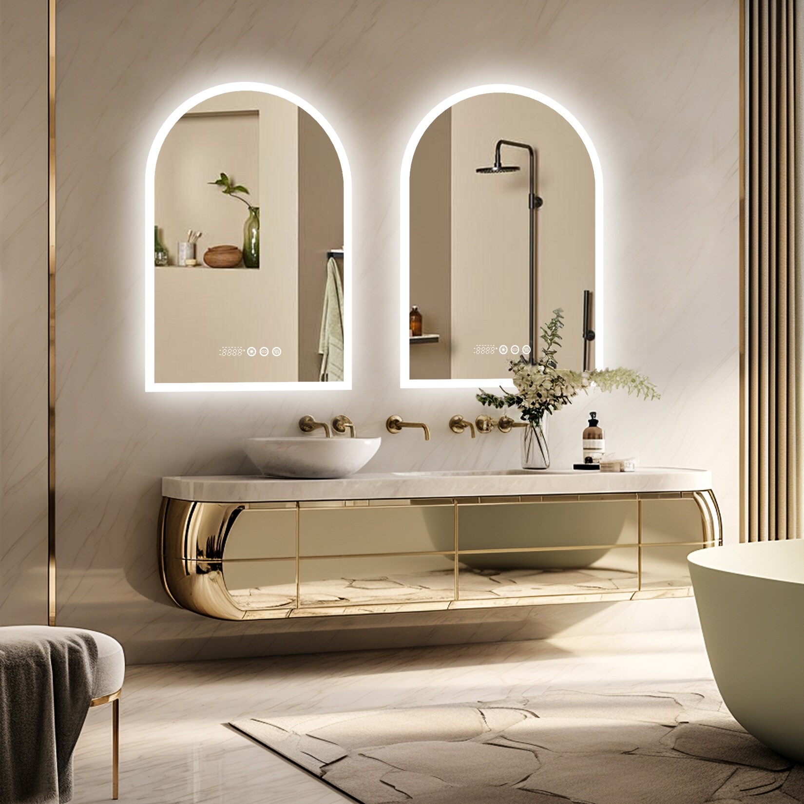 Fativo Smart LED Arched Bathroom Vanity Makeup Mirror with with Time Temperature White