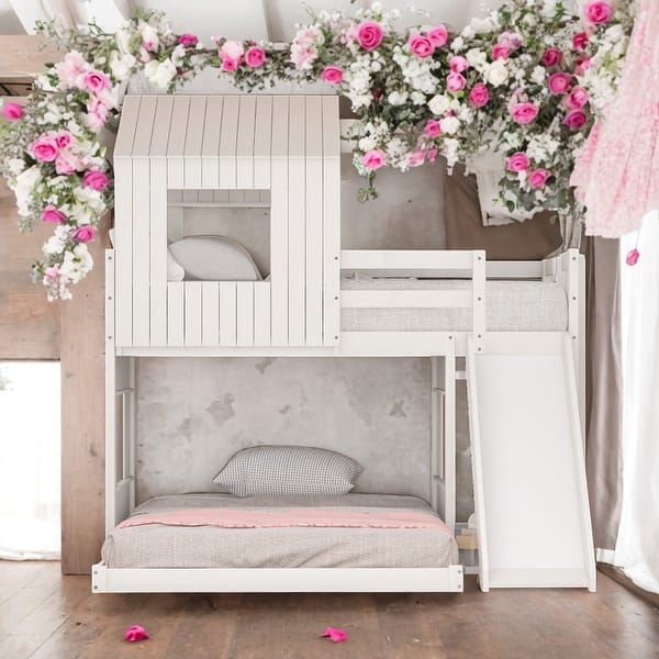 slide 2 of 15, Twin Over Full Bunk Bed Loft Bed With Ladder,Slide and Guardrails White