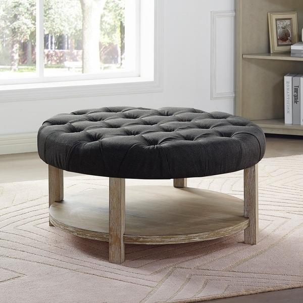 Harissa Farmhouse Round Fabric Storage Tufted Cocktail Ottoman by