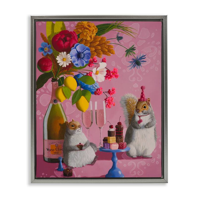 Stupell Party Hat Squirrels & Bouquet Framed Floater Canvas Wall Art Design By Heather Gauthier - 25 x 31 - Grey