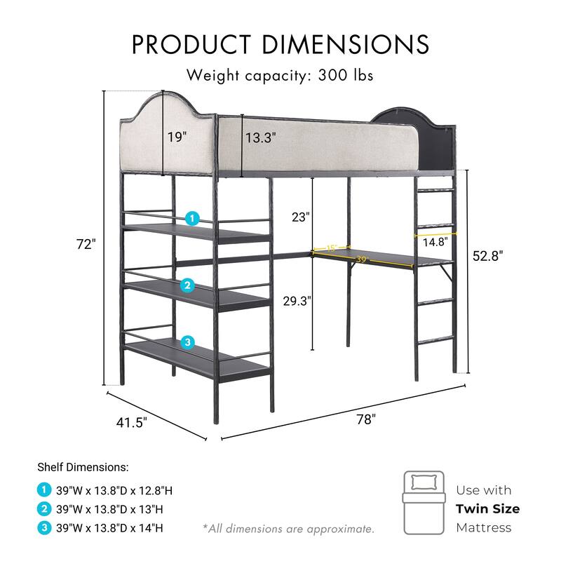 Furniture of America Orven Modern Black Metal Twin Loft Bed with Desk and Shelves
