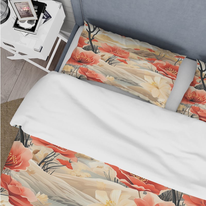 Designart "Sandy Beige Peonies Mirage Peach II" Orange cottage bedding set with shams