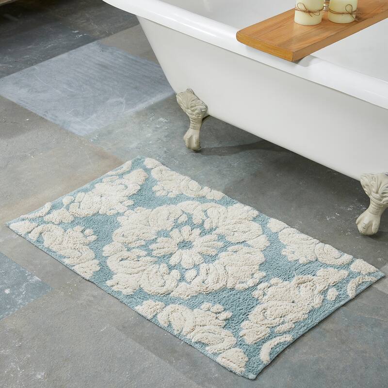 Better Trends Medallion Collection 100% Cotton 4-Pc Set Bathroom Rugs-Soft & Super Absorbent, Non-Skid Latex, Machine Washable - 4 Piece Set 17"x24" | 20"x20" | 21"x34" | 24"x40" - Blue & Natural