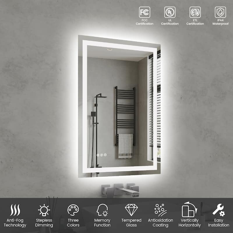 Clear Glass LED Vanity Mirror with Anti-Fog, Dimming and 3 Colors - 24” W x 36” H
