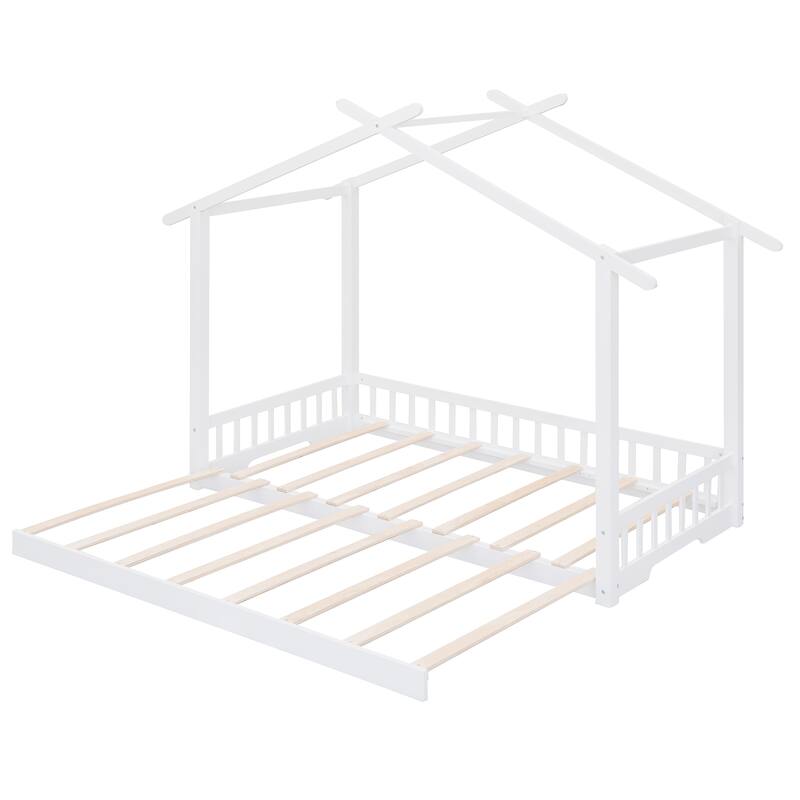 White Twin Size to King Size Design Extending House Bed w/ Roof ...
