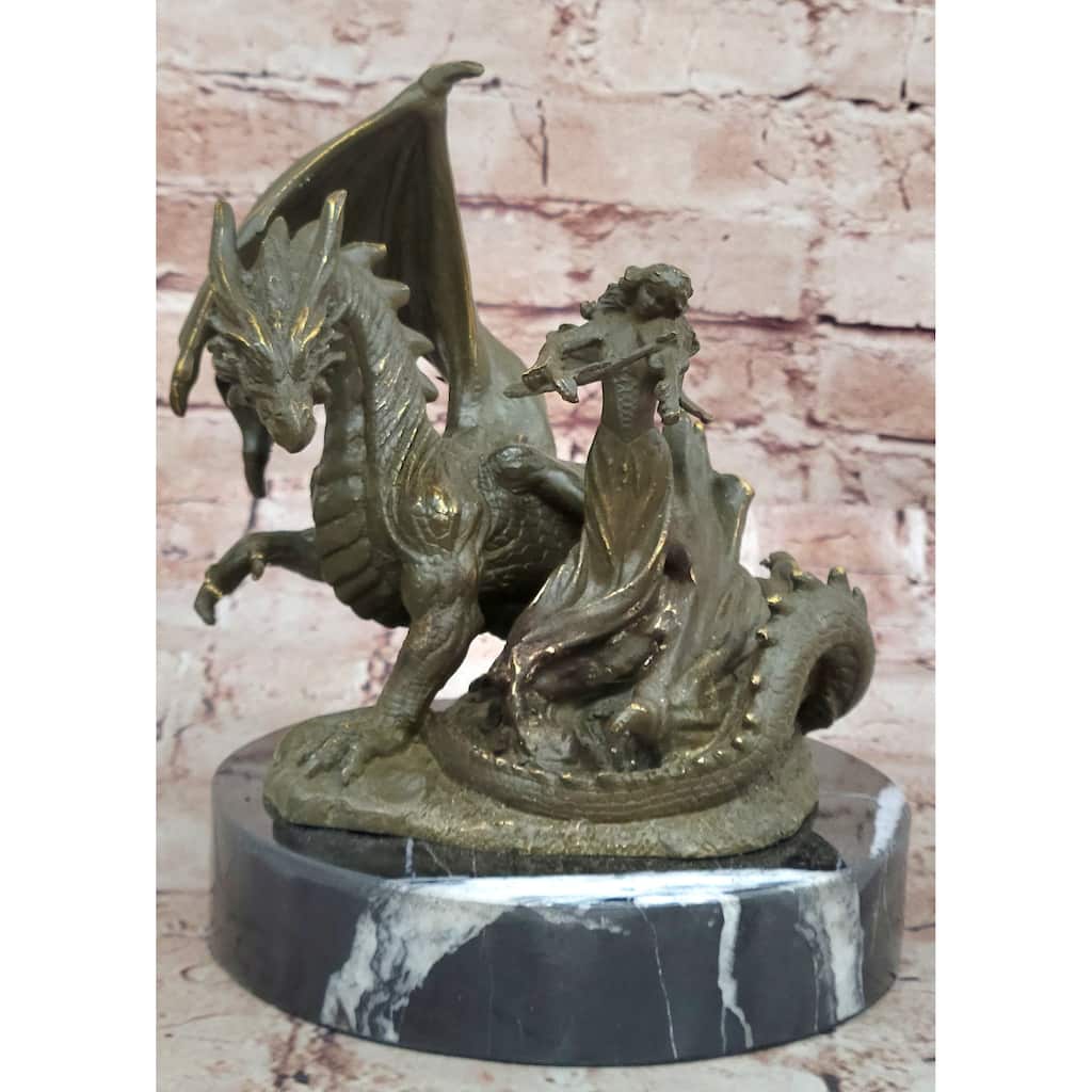 Bronze Dragon And Archer Statue Fantasy Medieval Sculpture Decor