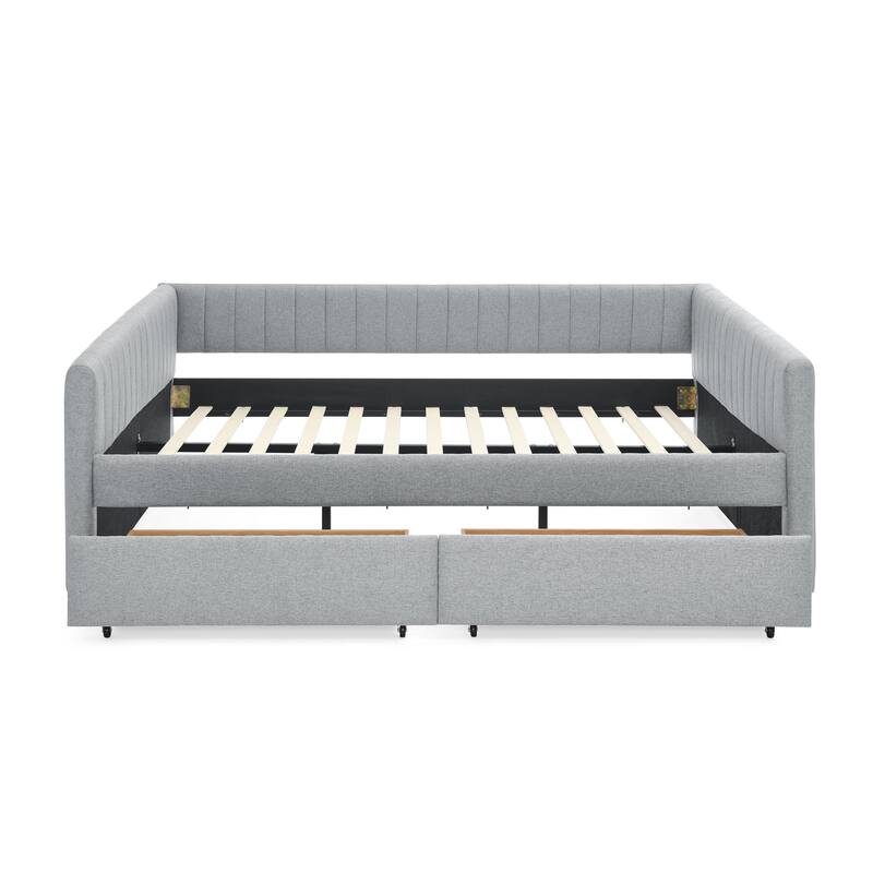 Queen Size Linen Upholstered Daybed with 2 Storage Drawers and Trundle