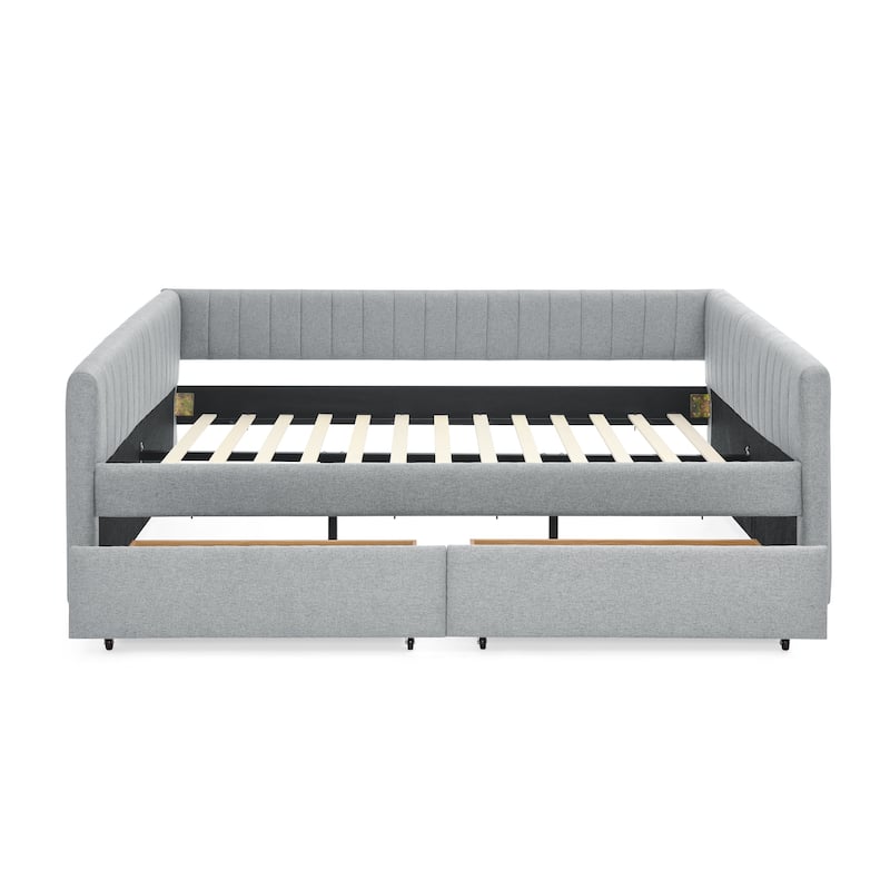 Roomfitters Queen Upholstered Daybed with Trundle and Storage Drawers, Vertical Striped Linen Sofa Bed