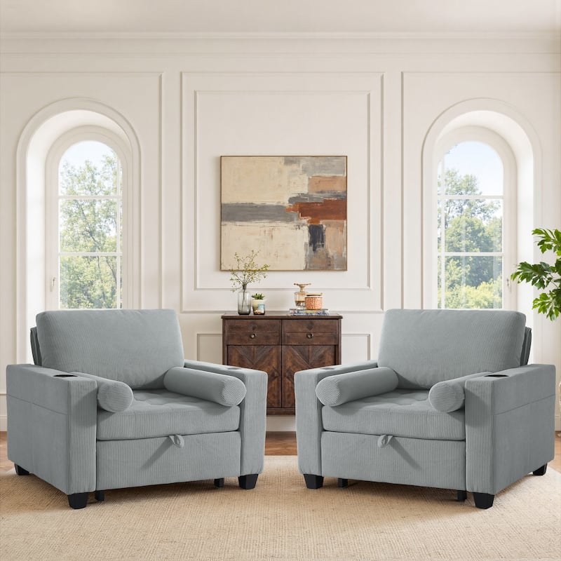 3-in-1 Adjustable Sleeper Sofa Bed Convertible Chair for Living Room - Grey - 2 Set