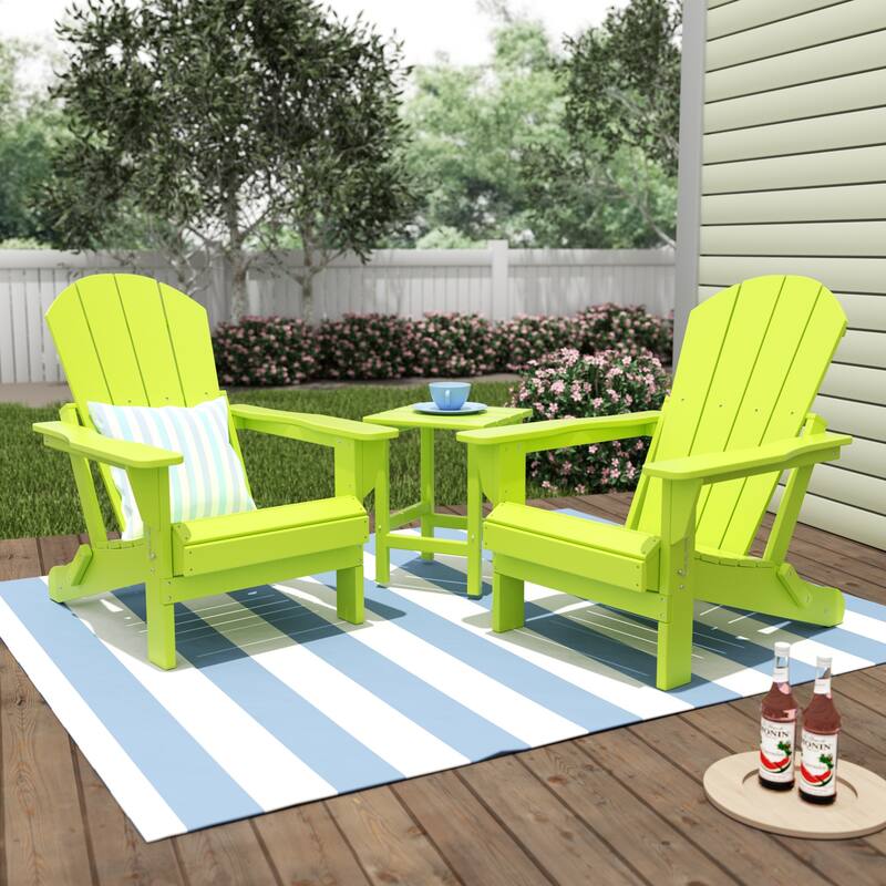Polytrends Laguna Hdpe All Weather Outdoor Patio Foldable Adirondack Chairs With Side Table (3-Piece Set) - Lime