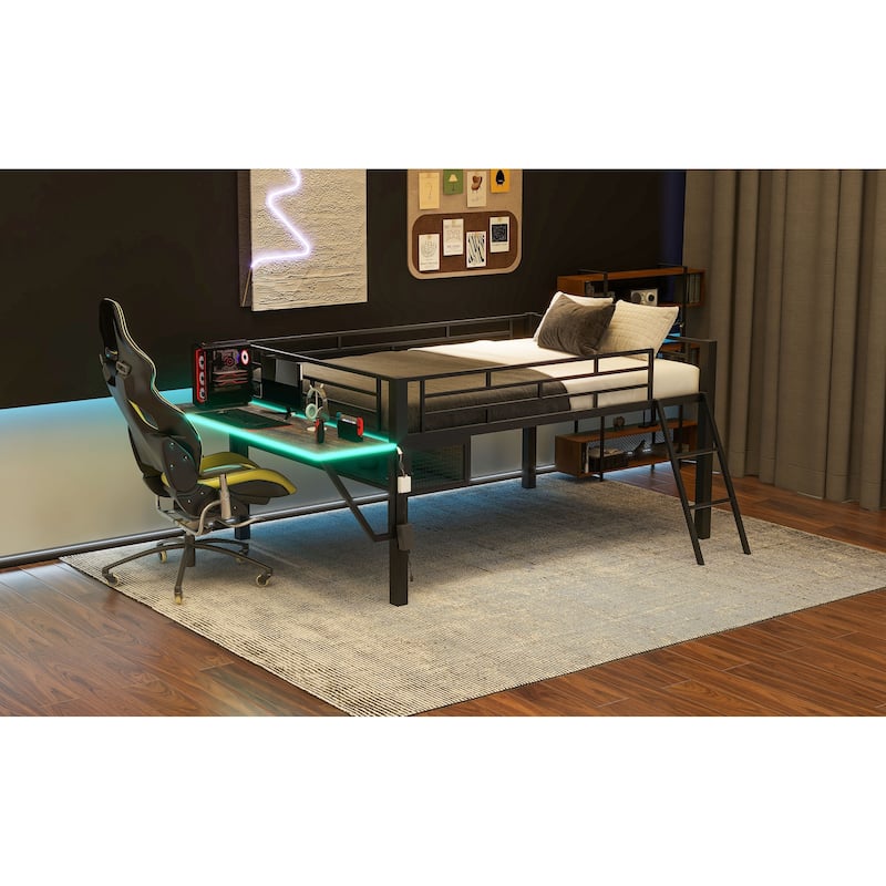 Full Size Loft Bed with Wood Desktop Desk and LED, Metal Kids Bed Frame with Angled Ladder and Under Bed Storage for Bedroom