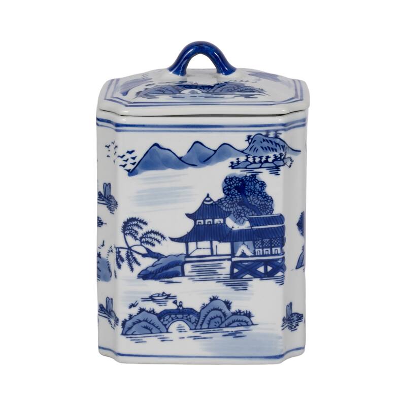 Rectangular Chinoiserie Ceramic Table Jar with Lid