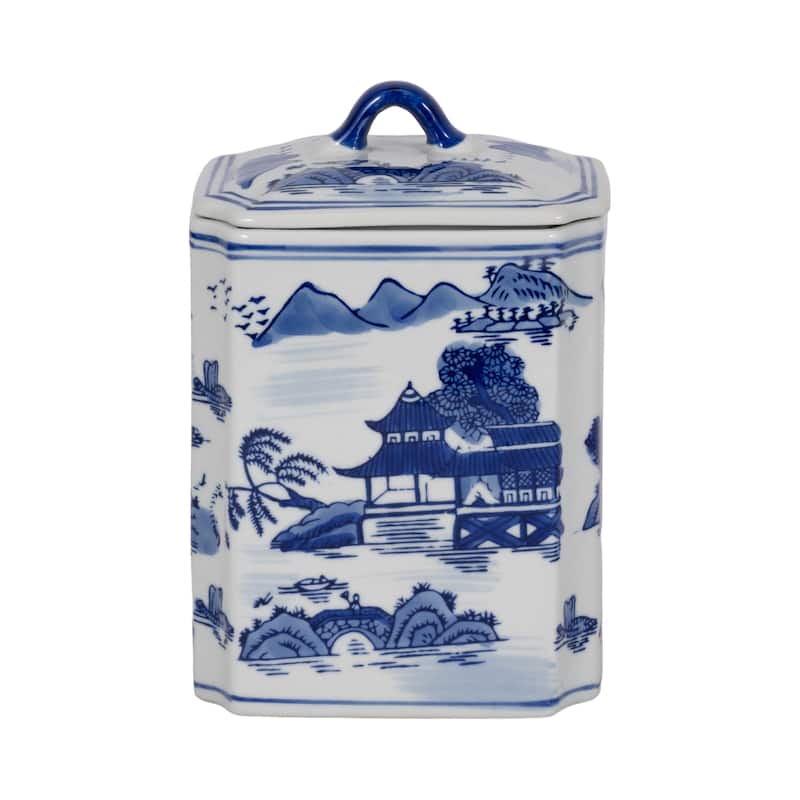 Sagebrook Home Stoneware Ceramic Chinoiserie Decorative Container with Lid - 6" x 5" x 8.25"