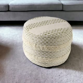 18" Ivory and Green Cotton Blend Round Striped Pouf Ottoman