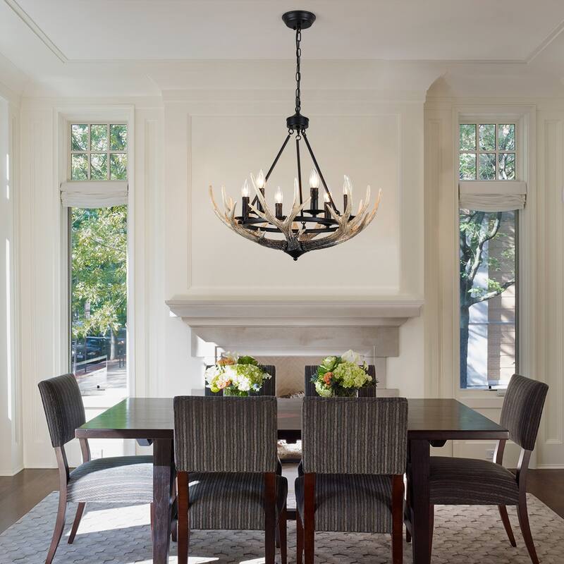 Adjustable Height 6 Lights Farmhouse Metal Frame Wagon Wheel Chandelier with Decorative Faux Antlers