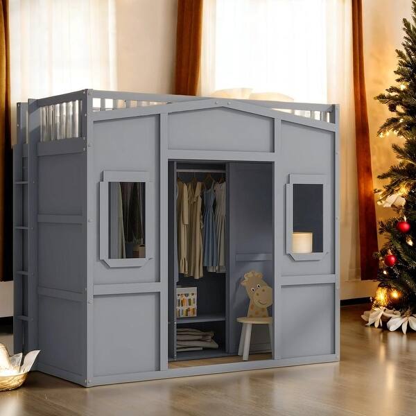 slide 2 of 16, Full Size House Loft Bed With Ladder and Wardrobe Gray