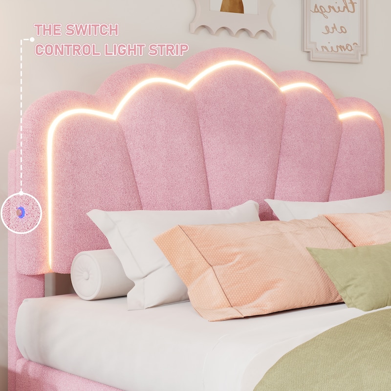 Pink Twin Size Sherpa Fabric Upholstered Platform Bed with Floral Headboard and Wooden Slats