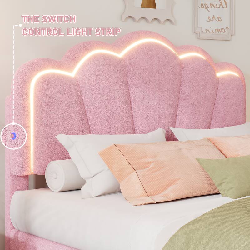 Twin Size Flower-Shape Upholstered Bed with LED Light Strip, Adjustable Headboard, Pink