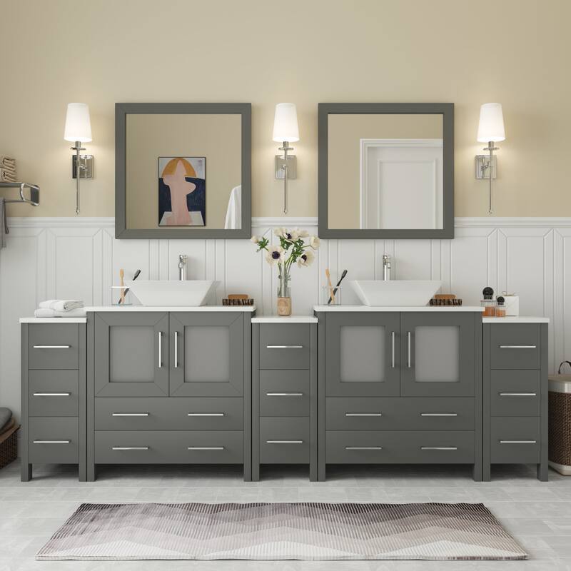 Vanity Art 96-inch Double Sink Bathroom Vanity Set with Engineered Marble Top and Free Mirror - 96 x 18.5 x 36 Inches - Grey