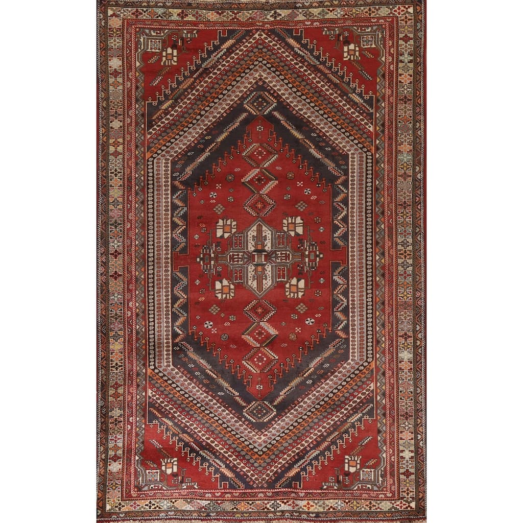 Vegetable Dye Hand-knotted Shiraz Persian Vintage Rug Red Wool Carpet - 5'9"x 9'9"