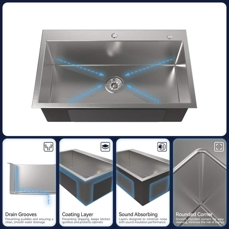 Dark Gray 32 Inch Single Bowl Overmount Kitchen Sink 304 Stainless Steel Brushed Satin Finish with Lift and Turn Drain