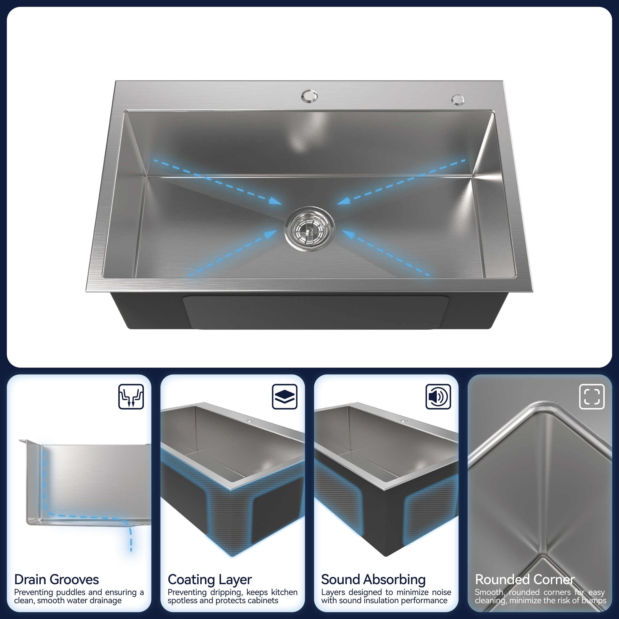 Kitchen Sink, 32″x19″ Single Bowl, Overmount Handmade Sink in