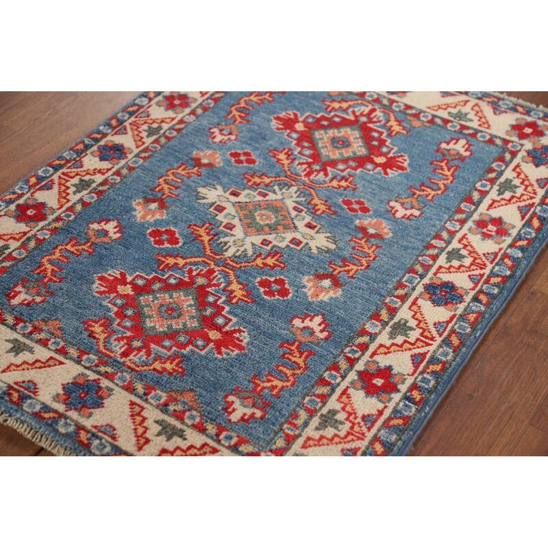 Blue Geometric Kazak Oriental Foyer Rug Handmade Wool Carpet - 2'1" x 2'10"