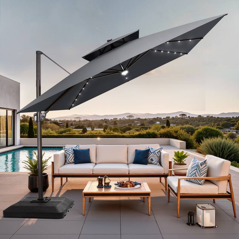 11 FT Square Outdoor Patio Cantilever Umbrella with Solar Lights 4-Piece Premium Base Double Canopy 360 Rotation Tilt - DarkGrey