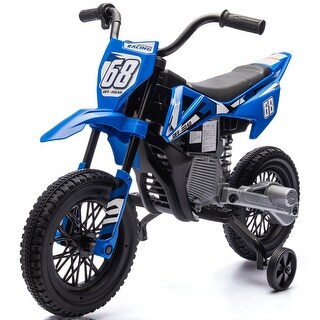 12V Kids Electric Dirt Bike with Training Wheels, Twist Grip Throttle, Rear Suspension, Music, 1.5-3.1 mph