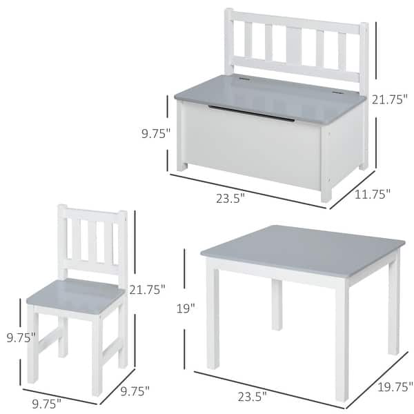 dimension image slide 0 of 2, 4-Piece Kids Table Set with 2 Wooden Chairs, 1 Storage Bench, Grey