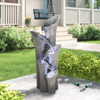 40-Inch H 5-Tier Floor Outdoor Fountains and Waterfalls w/ LED Lights - N/A
