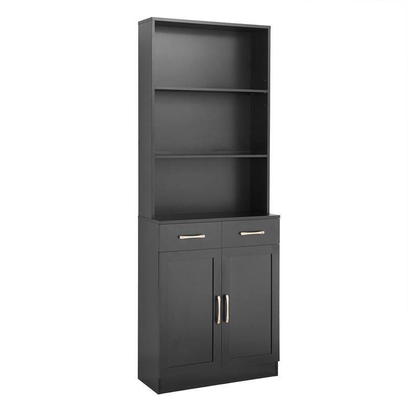 Storage Cabinet for Bathroom, 2 Doors Wooden Cabinet with 2 Drawers Three-layer Open Shelf, Bathroom Floor Cabinets