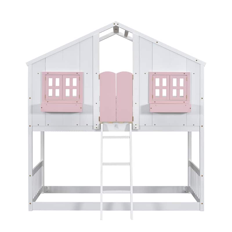 Charming Twin Over Twin House Bunk Bed with Ladder, Roof, and Safety Guardrails - Ideal for Kids' Rooms