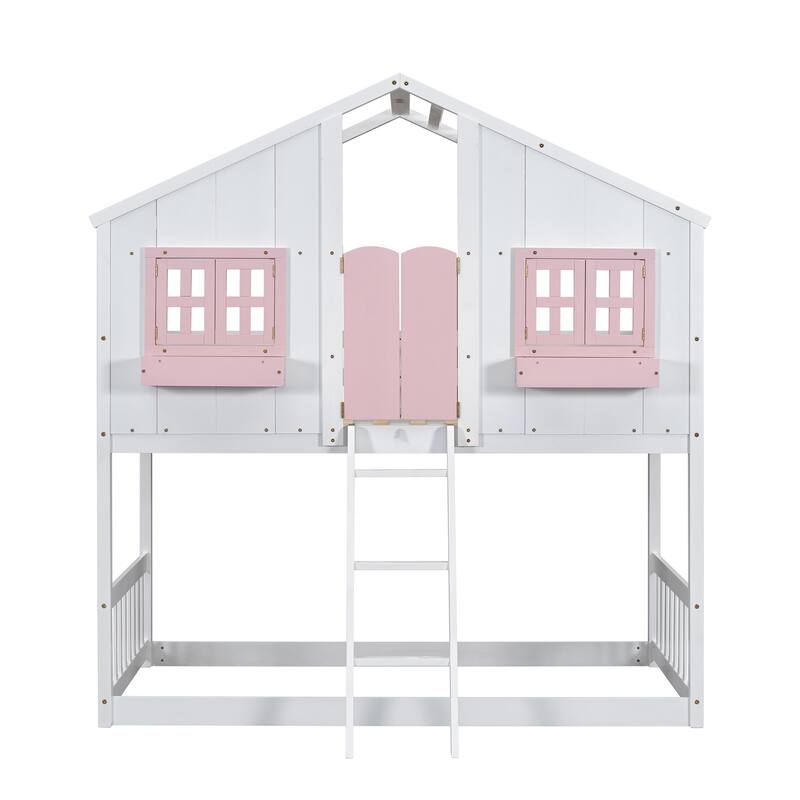 Pink/White Twin Over Twin House Bunk Bed with Roof, Window, Door, Safety Guardrails, and Ladder
