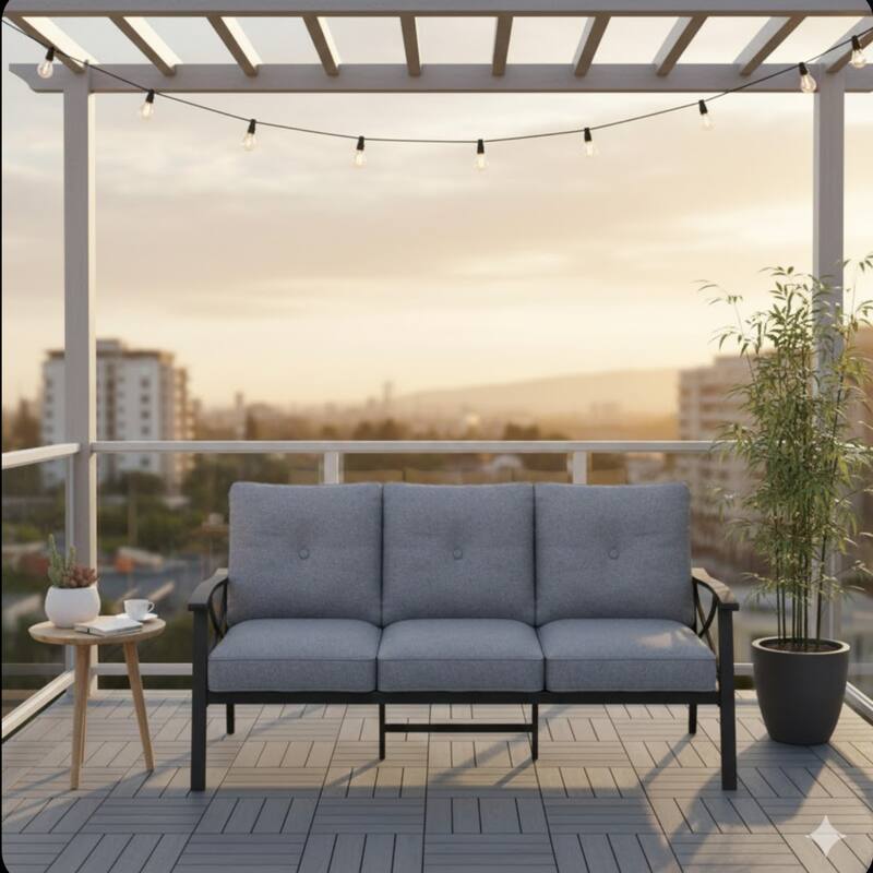 70" Metal 3-Seat Patio Sofa, Khaki Frame with Gray Cushions