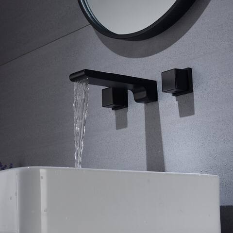 waterfall matte black wall mount Dual Handle Bathroom Sink Faucets with Brass Pop up Overflow Drain - 5' x 11'