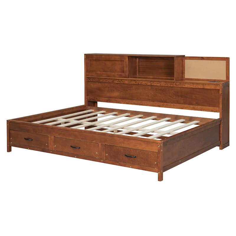 Full Size Wooden Daybed with 3 Storage Drawers, Upper Soft Board, shelf, and a set of Sockets and USB Ports